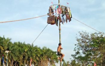 Lomba Panjat Pinang Warnai HUT RI ke 80 di Kampung Panggang Desa Bunar